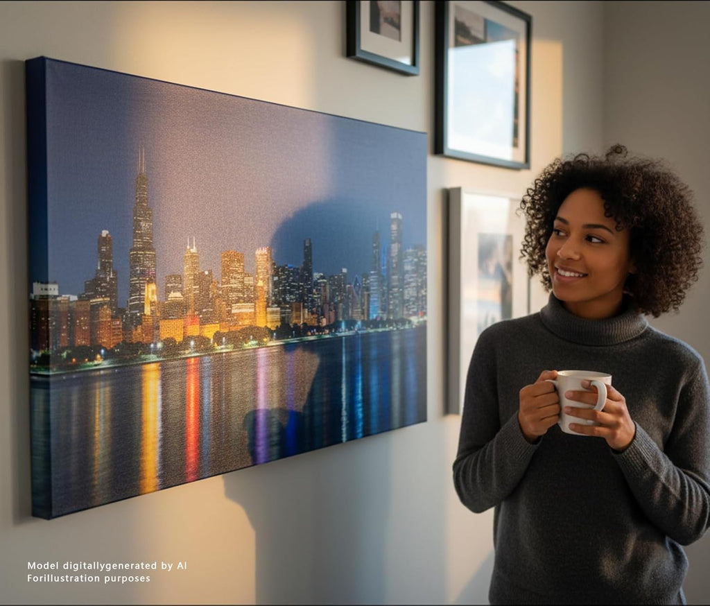 Large Canvas Wall Art Chicago Skyline, Oversized Colorful Blue Night View USA Cityscape Painting, Modern Panoramic