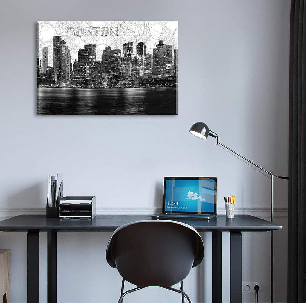 Boston Skyline Canvas Wall Art, 24"x36" Black and White Cityscape with Map Background, Modern Boston City Night View