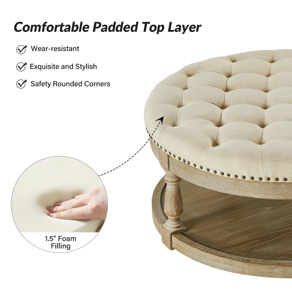 Large Round Ottoman Coffee Table, 2-Tier Oversized Button Tufted Ottoman, with Wood Shelf Storage Farmhouse