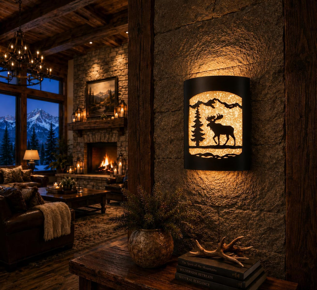 Rustic Moose and Pine Tree Wall Sconce | Lodge Cabin Decor, Woodland Nature Design, Light Fixture
