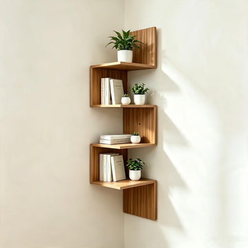 Premium Bamboo Floating Corner 4-Tier, Corner Shelf Wall, 7.8"Lx7.8"Wx40.1H