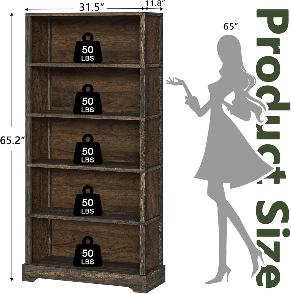 5-Tier Solid Wood Book Shelf, Floor Standing Bookcase, 65" H × 31.5" W × 11.8" D Bookshelf