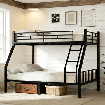 Heavy Duty Twin XL Over Queen Bunk Bed, Metal Steel Bed Frame with EVA-Padded Angled Ladder & Full-Length Guardrails