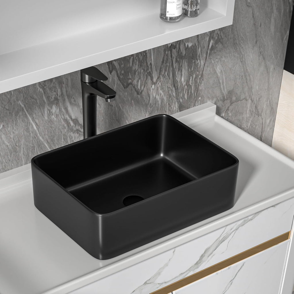 19"x15" Bathroom Vessel Sink Rectangular - Matte Black Porcelain Ceramic Rectangle Above Counter Vanity Lavatory Bath Sink Art Basin with Faucet & Pop-Up Drain
