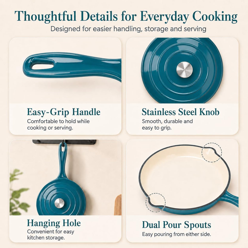 Enameled Cast Iron Cookware Set,7 Piece Dutch Ovens Set,Teal | Ceramic Coated Cast Iron,Sauce Pan,Skillet,3 Lids,Pots