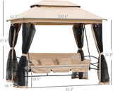 3-Seat Patio Swing Chair, Outdoor Gazebo Swing with Double Tier Canopy, Mesh Sidewalls, Cushioned Seat and Pillows