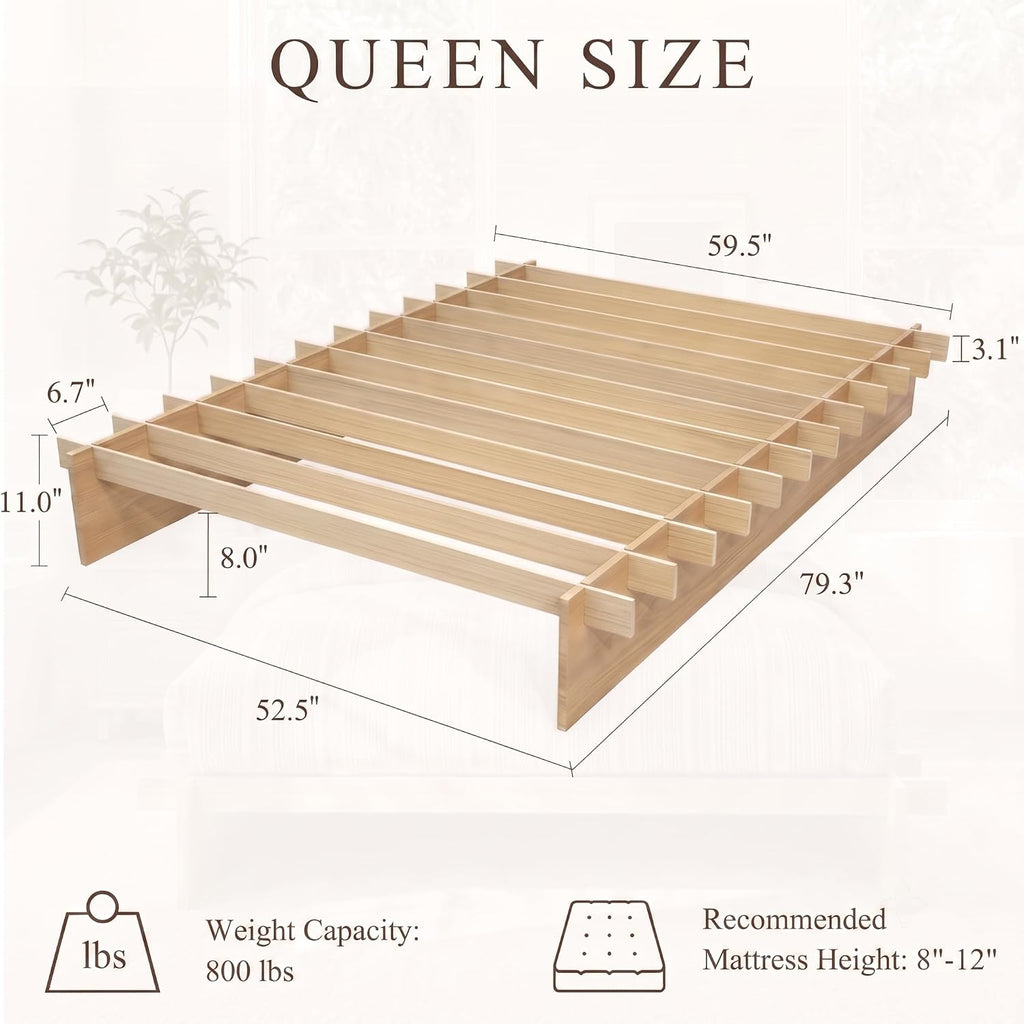 Queen 100% Solid Wood Platform Bed Frame, No Tools Japanese Joinery Wood Bed Frame with Wooden Slat, 8" Under‑Bed
