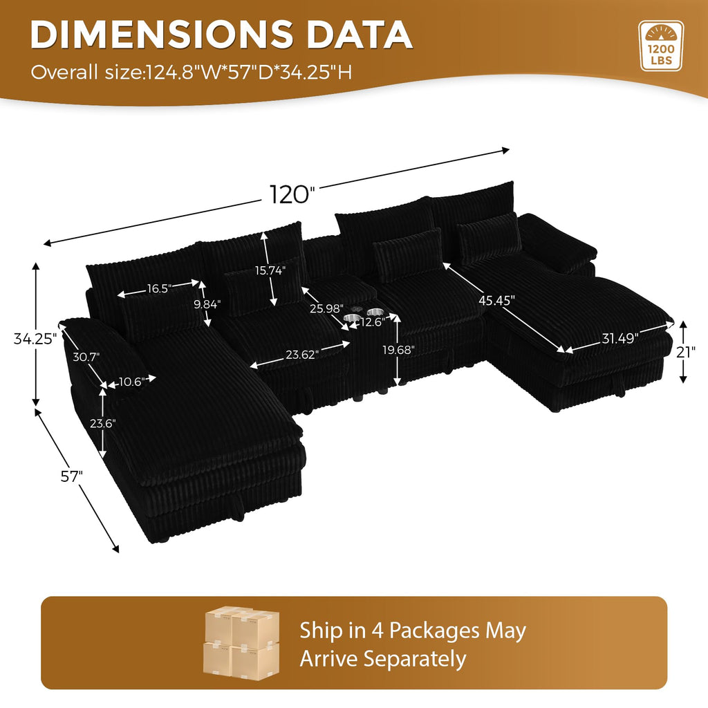 120" Cloud Couch Sectional U Shaped Black Sectional Couches, Plush Soft Comfy Fluffy Corduroy Couch Sectionals