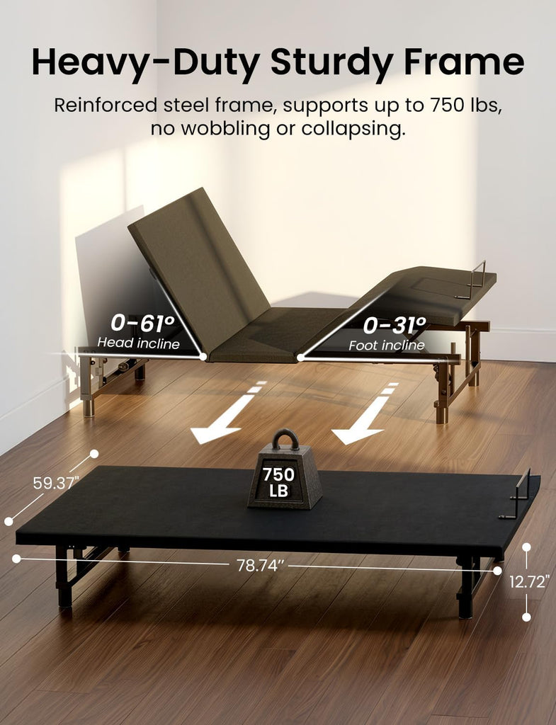 Queen Size Adjustable Bed Frame with Wireless Remote, Zero Gravity & Head & Foot Incline, Heavy-Duty Steel Frame