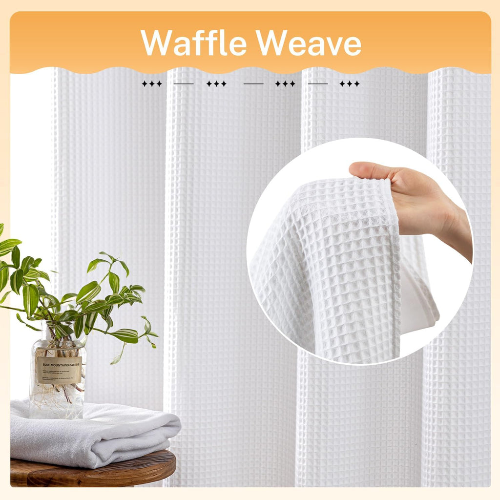 White Cotton Blend Fabric Shower Curtain Set with Liner, 71x74 | Waffle Weave, No Hook Needed, with Snap in