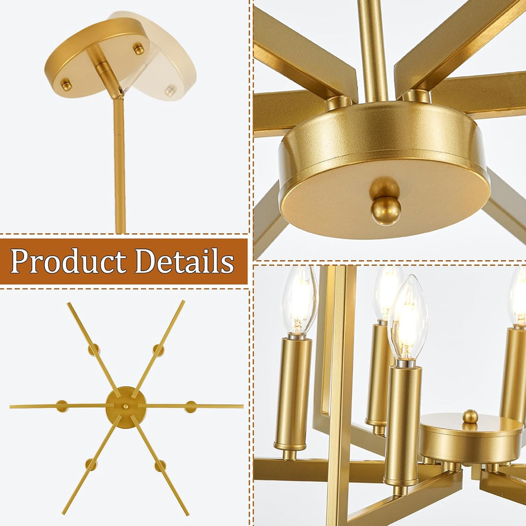 Modern Gold Chandelier 6 Light Height Adjustable Geometric Metal Farmhouse Hanging Light Fixture for Dining Room Over