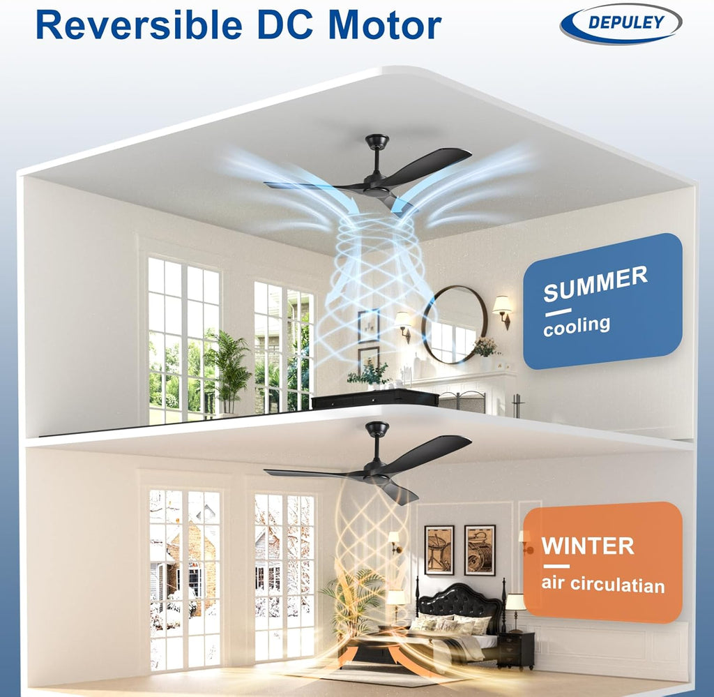 52 Inch 3 Blade Indoor Outdoor Fans for Patios - Black Ceiling Fan No Light Remote APP Control Ultra Quiet DC Motor Reversible 6 Speed Timer