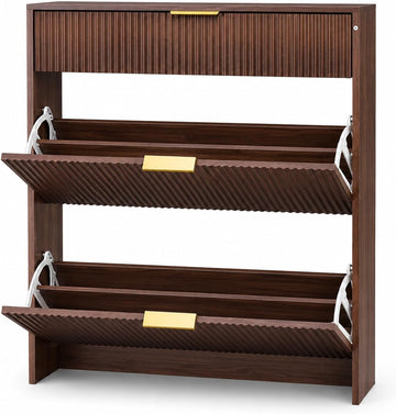 Shoe Storage Cabinet with Gold Pull Handles Narrow Fluted Entryway Shoe Organizer, Freestanding Drawer Rack Bedroom