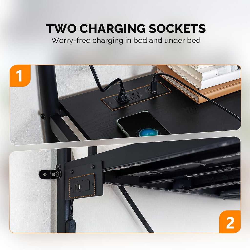 Full Metal Loft Bunk Bed Frame for Kids Teens Adults with Desk Underneath,2 Charging Station,LED Lights,Safety