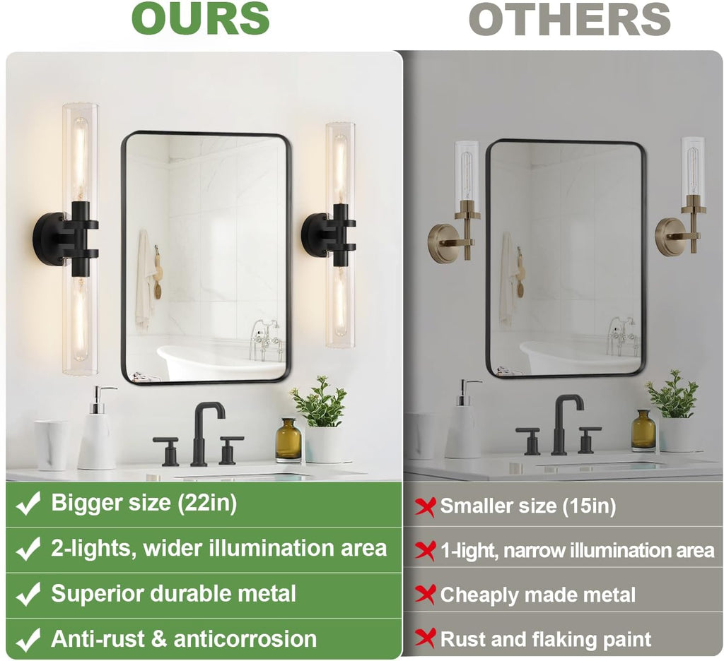 Wall Sconces Set of Two, Hardwired Matte Black Bathroom Sconces Wall Lighting with Clear Glass, Modern Sconces Wall