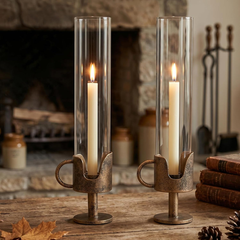 Antique Brass Hurricane Candle Holders with Clear Glass Tube, Set of 2 Vintage Taper Candlestick Holders for Dining