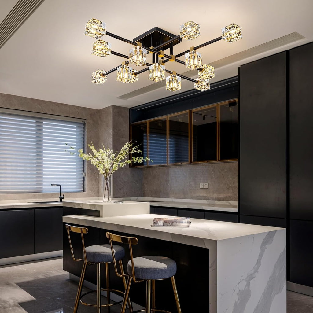 Crystal Ceiling Light Fixture with 13-Lights,Black and Gold Semi Flush Mount Ceiling Light,Modern Chandelier