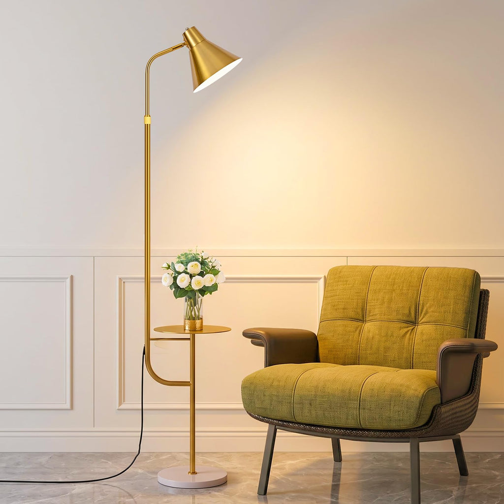Gold Brass Brushed Floor Lamps with Side Table, Dimmable Light