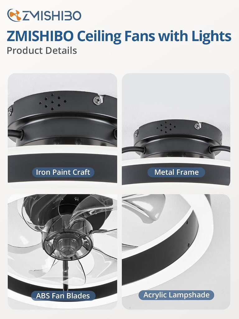 Low Profile Ceiling Fans with Lights and Remote, 13 Inch Fandelier Ceiling Fan with Light, Black Modern Flush Mount Ceiling Fan, Small Dimmable LED Fan Lights for Bedroom