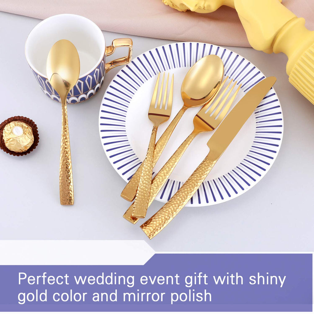 Silverware Set Flatware Set Gold Hammered 20 Pieces Service for 4