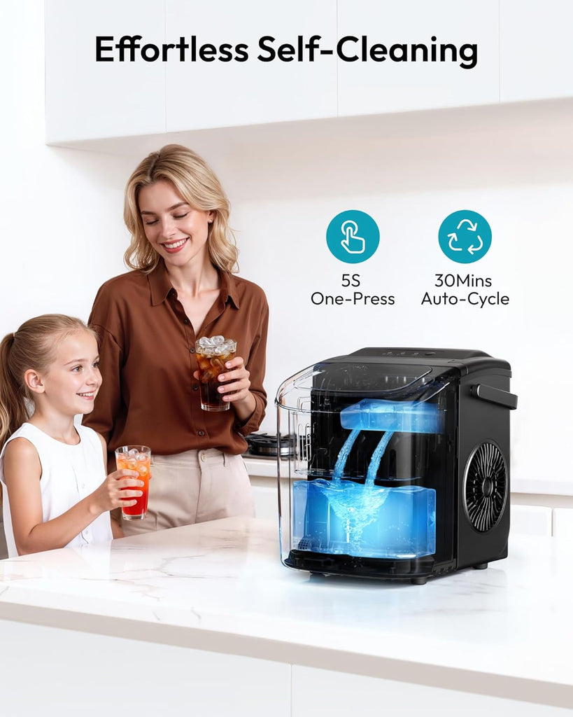 Countertop Ice Maker Machine with Handle, 26lbs in 24Hrs, 9 Ice Cubes Ready in 6 Mins, Auto-Cleaning Portable Ice