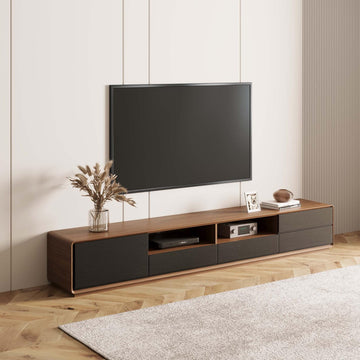 Modern 94" Solid Wood TV Stand, Lowline Media Console with 4 Drawers, Open Storage Cabinet, Walnut Veneer