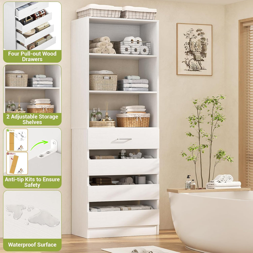 21.3" Closet System with 4 Drawers, Wood Closet Organizer with Open Shelves, Modular Drawers System Tower, Walk-in