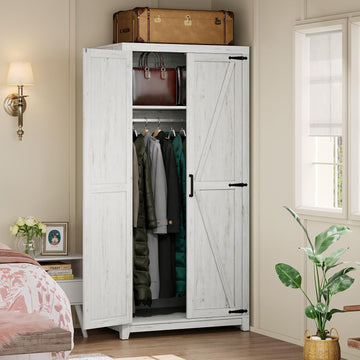 70" Large Armoire Wardrobe Closet with Hanging Rod, Farmhouse Clothing Storage Cabinet with 2 Barn Doors, Wooden Tall