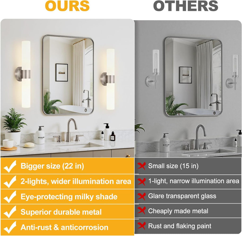 Wall Sconces Set of Two, Modern Bathroom Sconces Wall Lighting with Milky White Glass, Brushed Nickel Sconces Wall