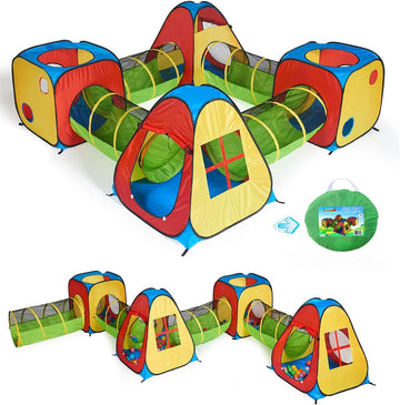 8 in 1 Pop Up Kids Play Tent with 4 Tunnel, Indoor/Outdoor Playhouse