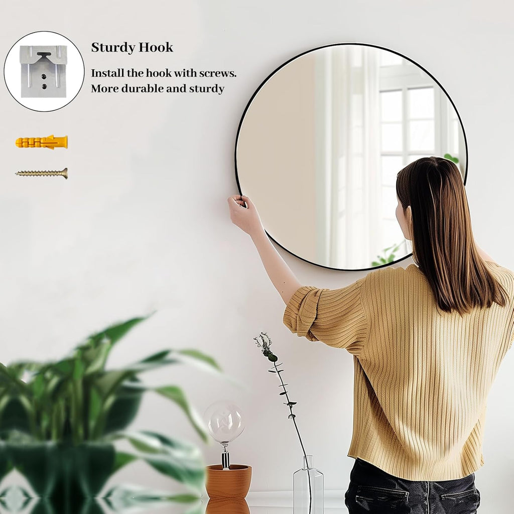 Black Round Mirror, Round Mirror 24 inch, Black Circle Mirrors Matte Metal Frame, Wall Mounted Mirrors , Wall, Entryway.