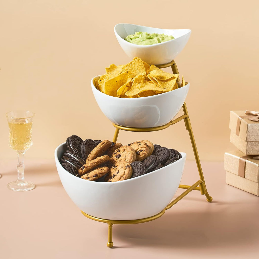 3 Tier Serving Bowls Set Tiered Serving Stand, Porcelain Oval Bowls with Collapsible Metal Stand for Entertaining