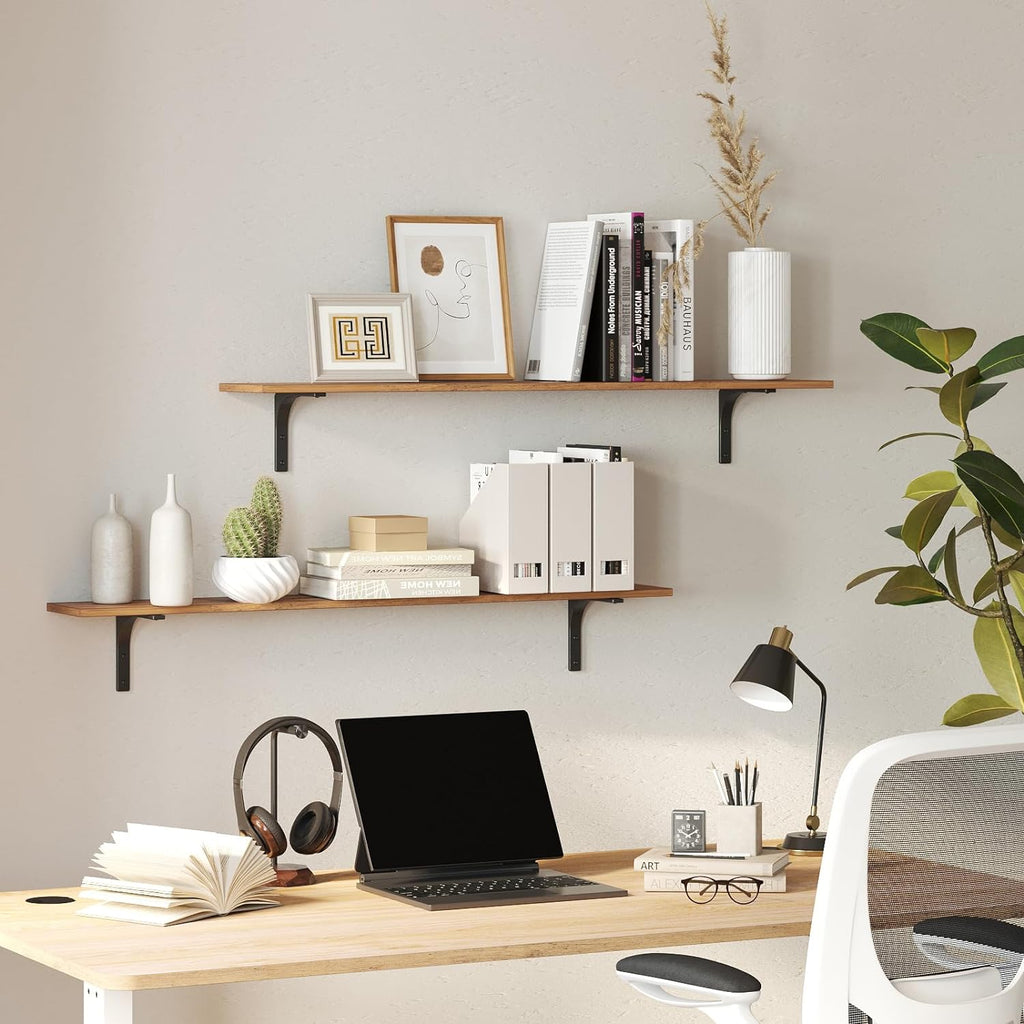 Long Wall Shelves, 31.5Inch Wooden Wall Mounted Shelves, Set of 2 | Floating Book Shelf, Metal Bracket Easy Assembly