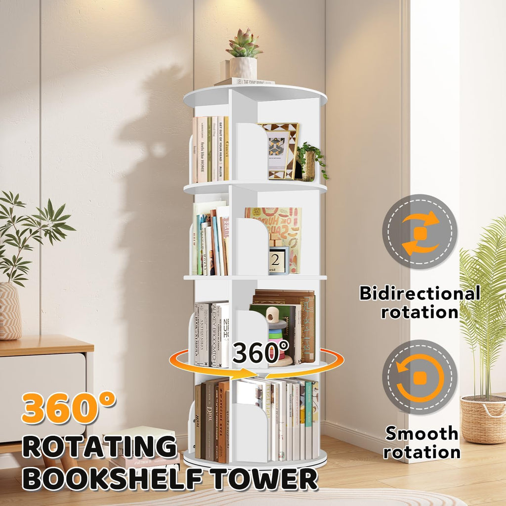 4 Tier Rotating Bookshelf Tower, Spinning Bookshelf, Revolving 360° Bookcase Storage Round Carousel