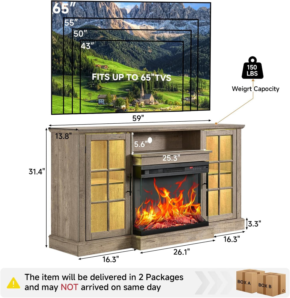 3 Sided Glass 59" Fireplace TV Stand for TVs up to 65inch, Media Entertainment Center with Glass Door Storage