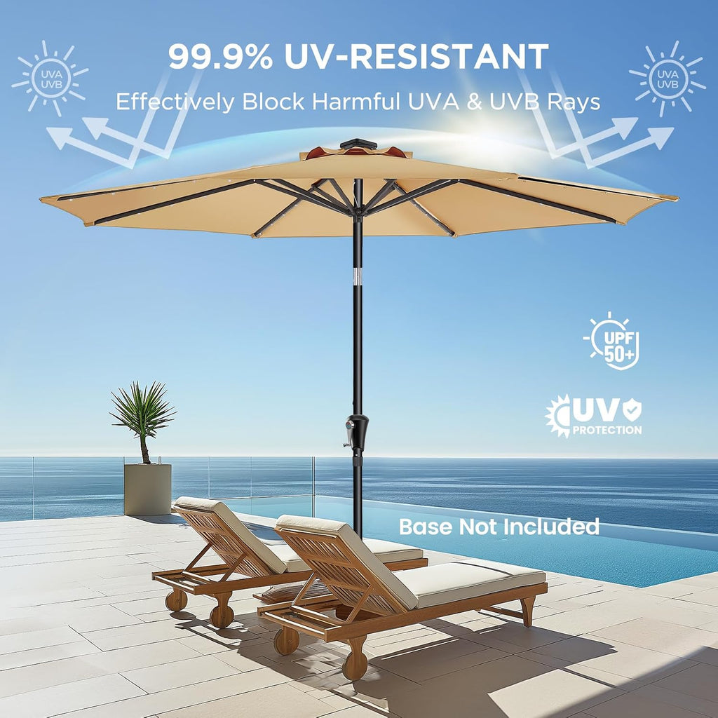 9ft Solar Patio Umbrella - Solar Lights LED Lighted Outdoor Market Table Umbrella