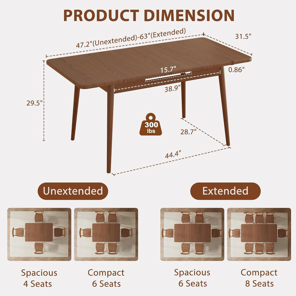 Solid Wood Extendable Dining Table for 4-8 People with Seamless Extension from 47.2 to 63 Inches, Easy Assembly