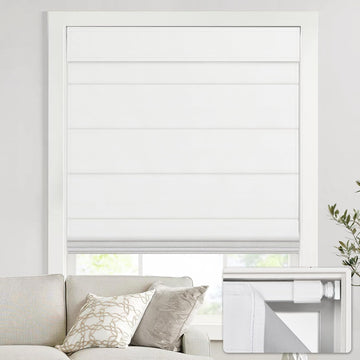 No Drill Cordless Roman Shades for Windows, - 100% Blackout - Linen - Mist White