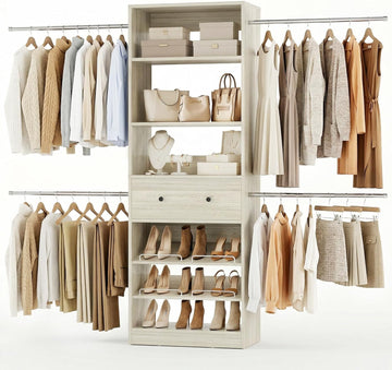 Wood Closet Organizer System - 4FT-9FT Expandable Wardrobe Closet with Drawer & 4 Hanging Rods, Heavy Duty Walk-in