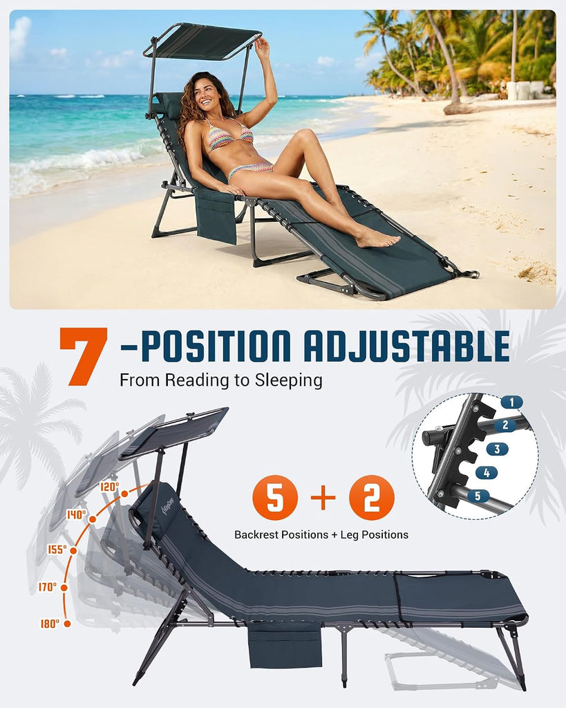 400LBS Lounge Chair with Face Hole & Canopy Shade, Blue/Grey | Folding Portable Tanning Chair with Pinch-Proof Safety
