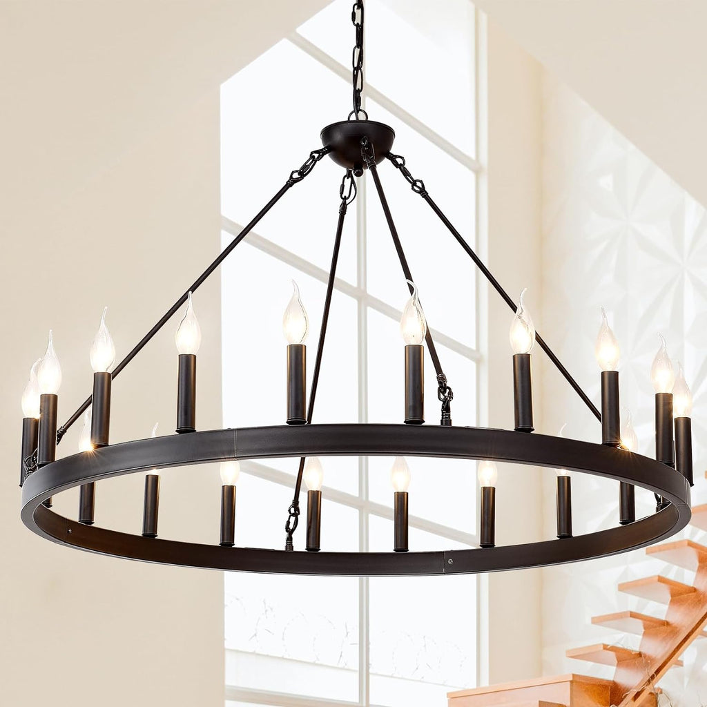 Black Wagon Wheel Chandelier 40 inch,20-Light Farmhouse Wagon Wheel Chandeliers Round Industrial Ceiling Light fixtures for Outdoor Porch high Ceilings Living Dining Room Foyer Entryway A105-B0C5BVK35F