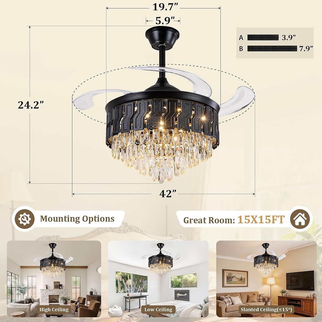 42" Black Crystal Ceiling Fan Chandelier, Retractable Fandelier