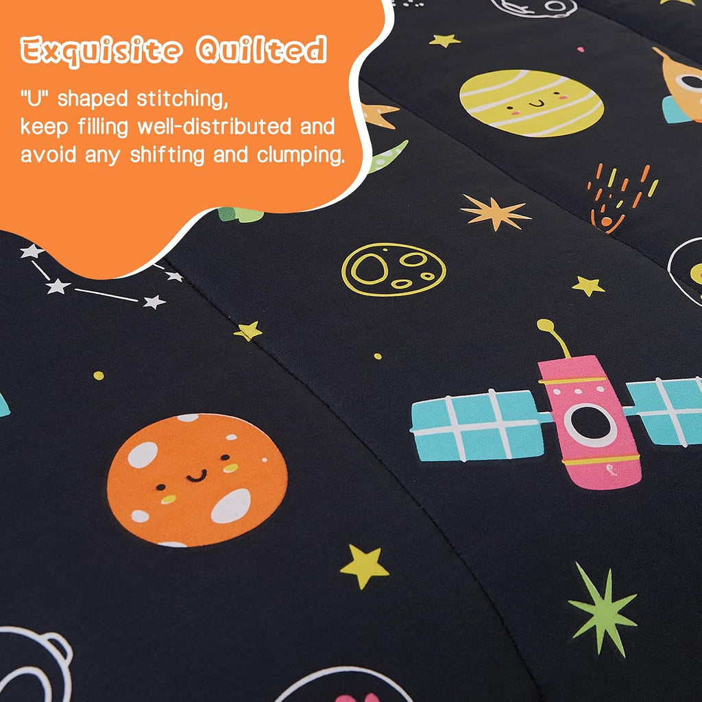 Space Dinosaur Kids Comforter Set for Boys, Cute Quilted Black Printed Bedding Set with Pillow Sham, Lightweight