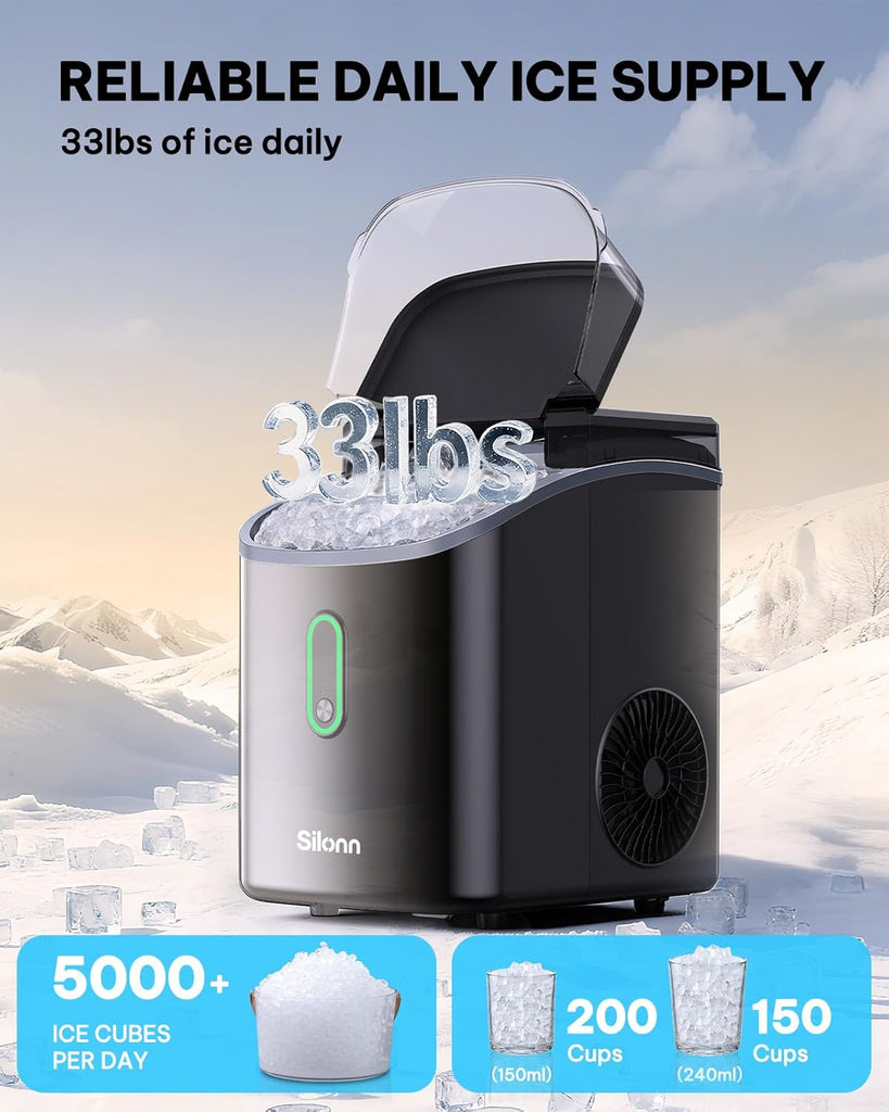 Nugget Ice Maker Countertop, Pebble Ice Makers with Crushed Soft Chewable Ice, 33lbs Per Day with Scoop, Pellet