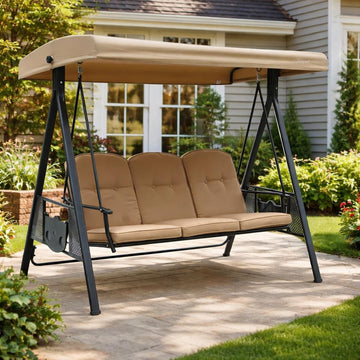 Herbert Deluxe 3-Seat Patio Porch Swing Chair with Stand | Adjustable Canopy, Outdoor Freestanding Swing Chair for