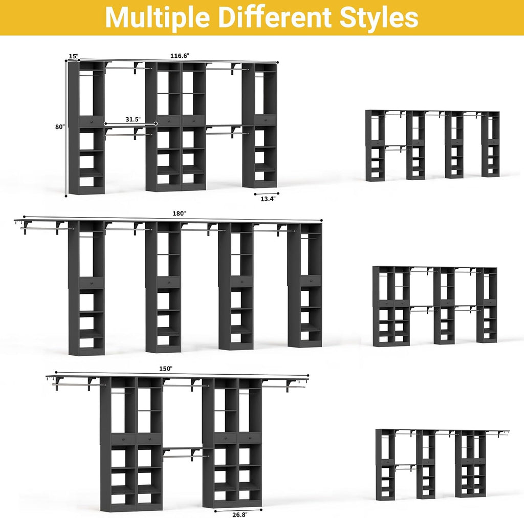 10-15FT Closet Systems, Large Wood Walk in Closet Organizer with Hanging Rods and Drawers, Heavy Duty Closets