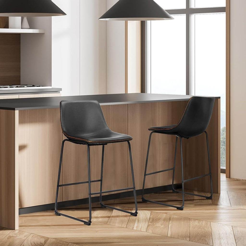 Bar Stools Set of 2, 26 Inch Counter Height Faux Leather Barstools with Back, Modern Metal Leg Bar Chairs