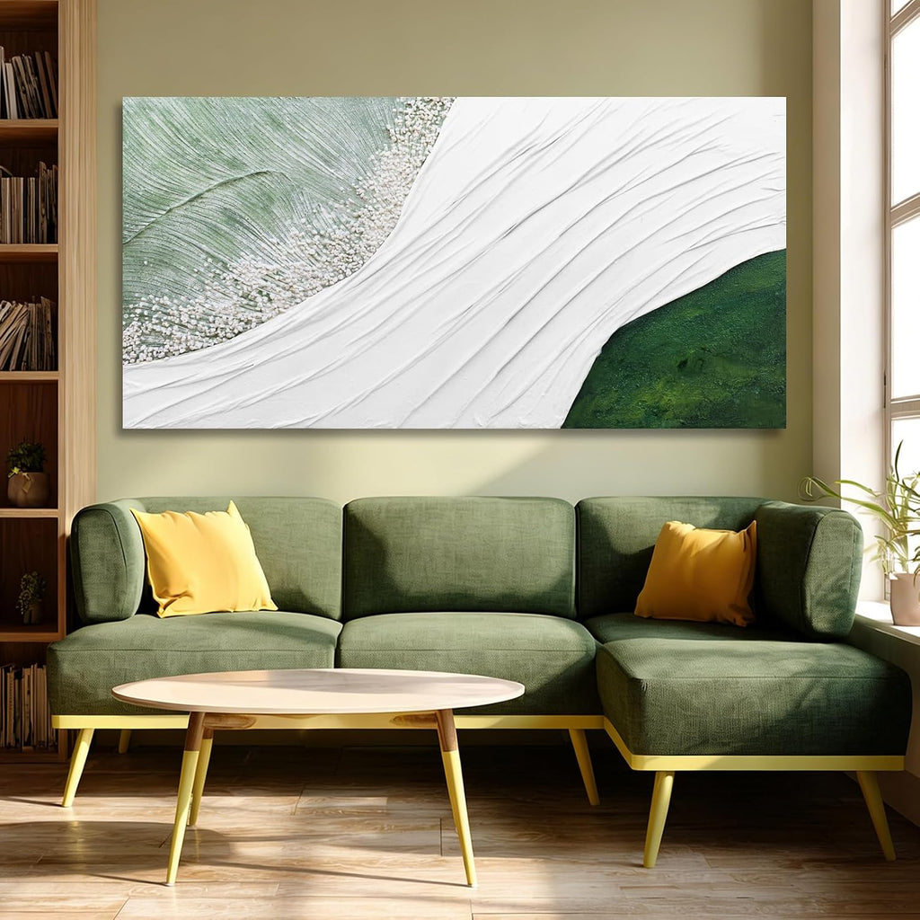 Contemporary Abstract Nature-Inspired Canvas Wall Art with White Flowing Lines and Green Accents, Minimalist Textured