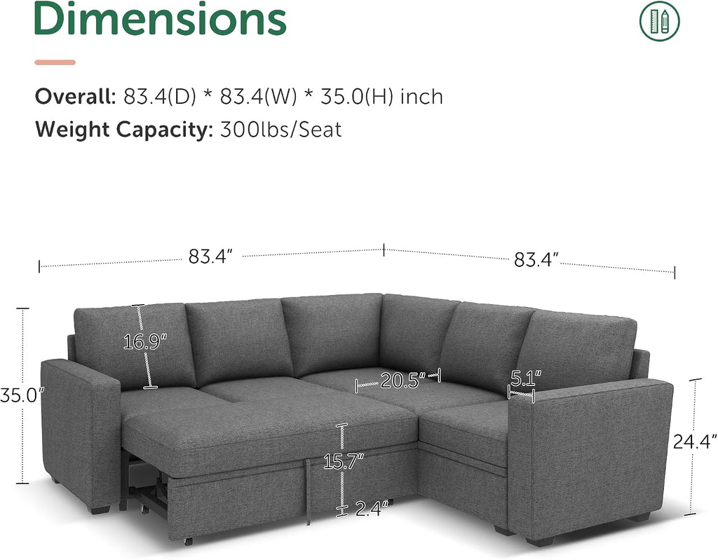 Sectional Sleeper Sofa with Pull Out Bed, L Shaped Couch with Storage Seat, Modular Sectional Couches , Dark Grey