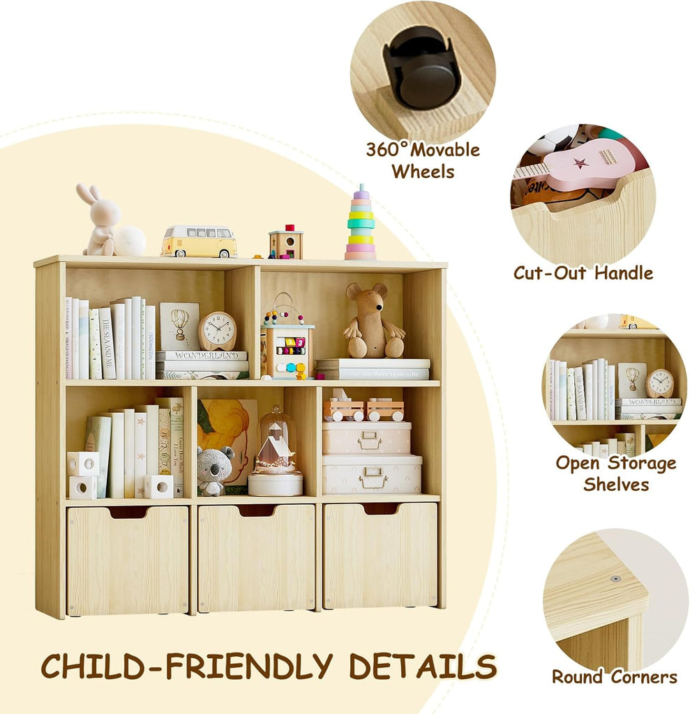 Solid Pine Wood Toy Storage Organizer, Kids Bookshelf and Toy Organizer with 3 Rolling Drawers, 5 Storage Cubes